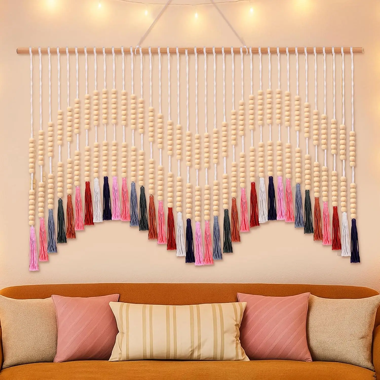 Tiamon Beaded Framed Striped Macrame Wall Hanging - 59in W x 42in L Boho Tapestry Art, Natural Modern Rustic Decor for Bedroom, Living Room, Beading