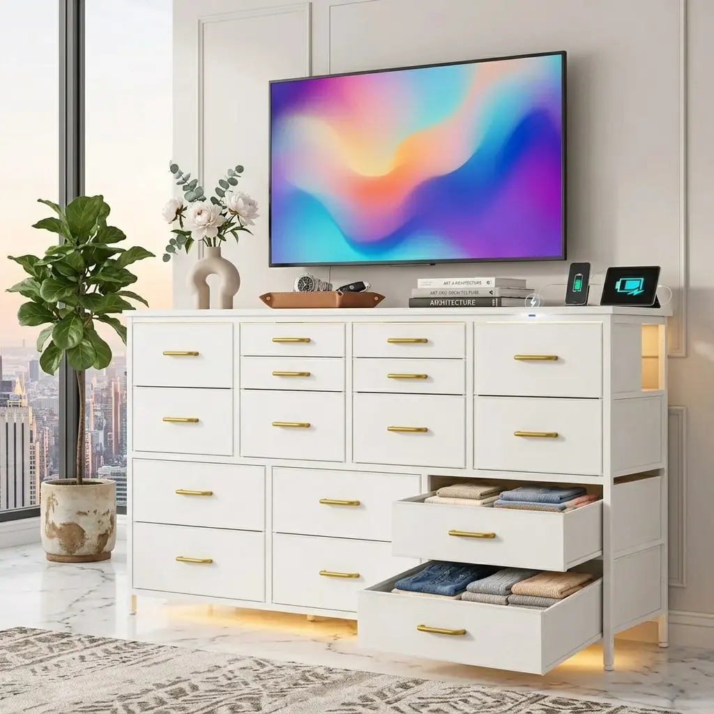 Aesthetic 55" Wide Long Dresser Chest of Drawers with 16 Fabric Drawers, Multi-Purpose TV Stand Console with Built-in Charging Station, Sturdy Wood Top Storage Tower for Apartment, Bedroom