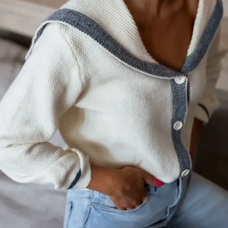 Women's Knitted Lapel Ribbed Button-Down Long Sleeve Color Block Cardigan Tops, Fitted Stylish, Chic, Casual and Elegant Spring and Autumn Fashion, Knitwear, Knitting, Elegant Classy Tops