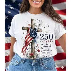 Women's Cotton Tshirt - Americas 250th Birthday Cross Graphic, 1776-2026 Faith & Freedom, Patriotic Christian 4th of July Womenswear Top, Proud American Gift