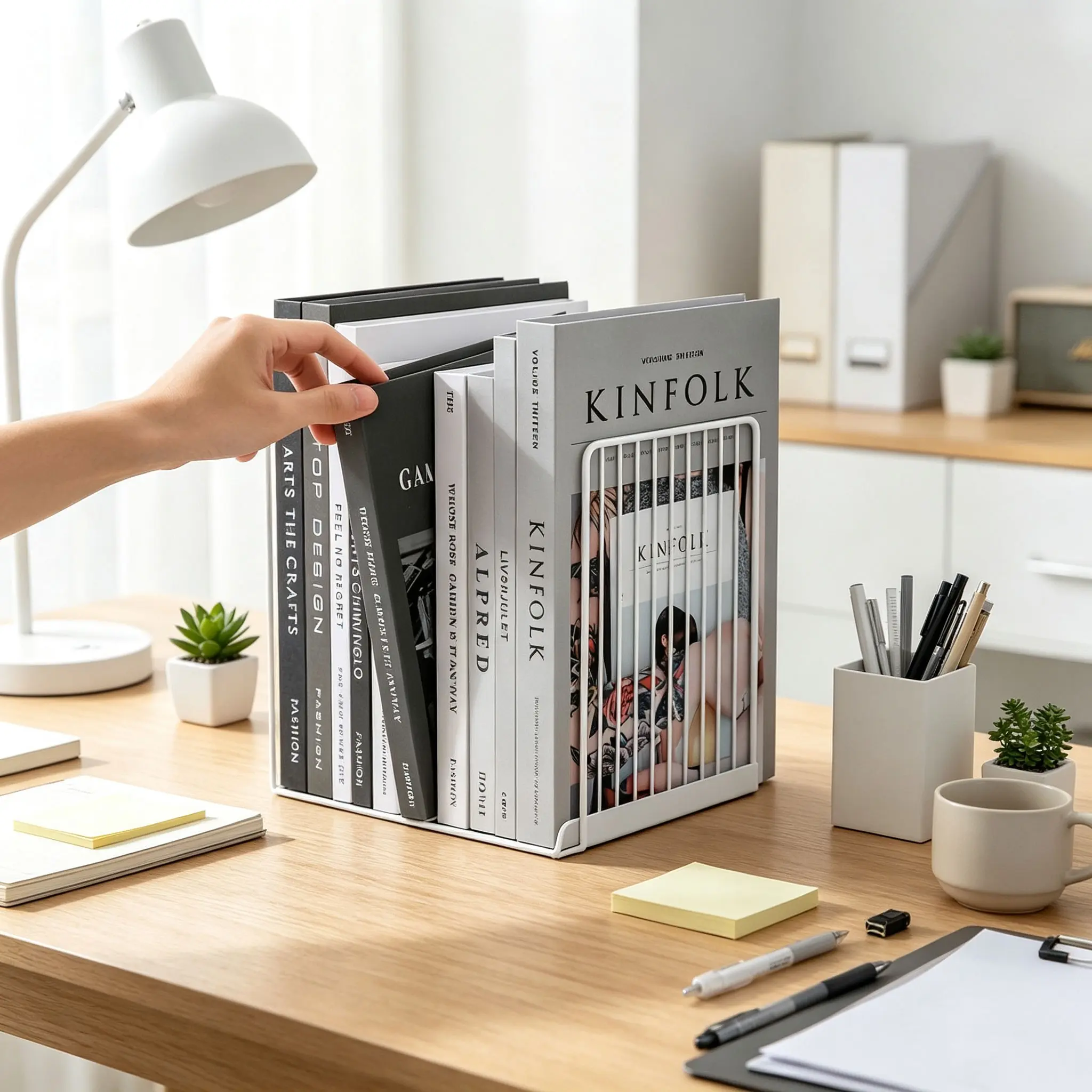 1pc Linear Vertical Bar Metal Bookend , Minimalist Waterproof Tabletop Partition Storage Rack, Anti-Slip Desktop Organizer Book Stand For Reading Space Bedroom Office Stuidy Dormitory Interior Layout Office Stationery