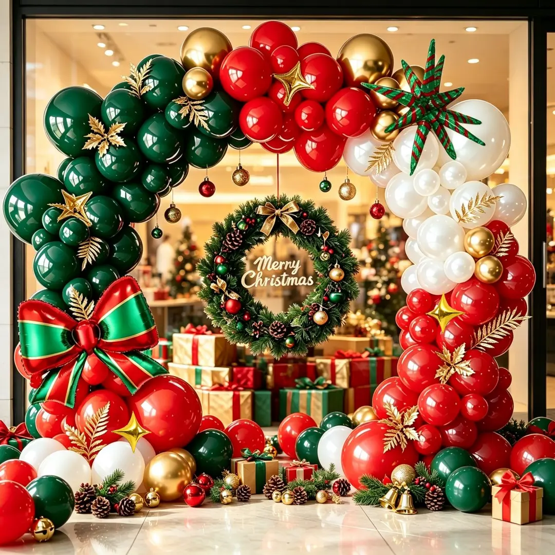 123 Piece Christmas Gold Balloon Arch Kit, Bow Explosive Star Foil Balloons, Party Background Decorations