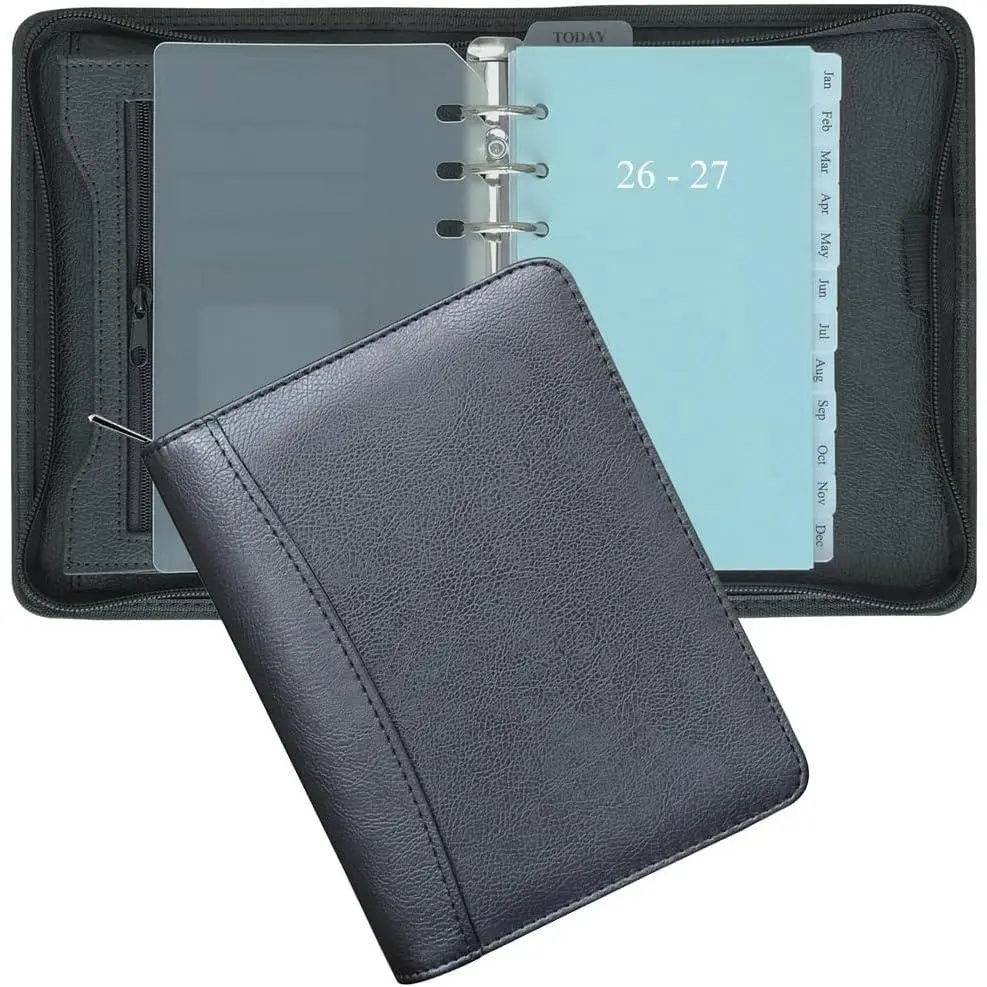 2026-2027 Zipped Planner Organizer, Weekly and Monthly Refills with Simulated Leather Cover, Personal Size, Black