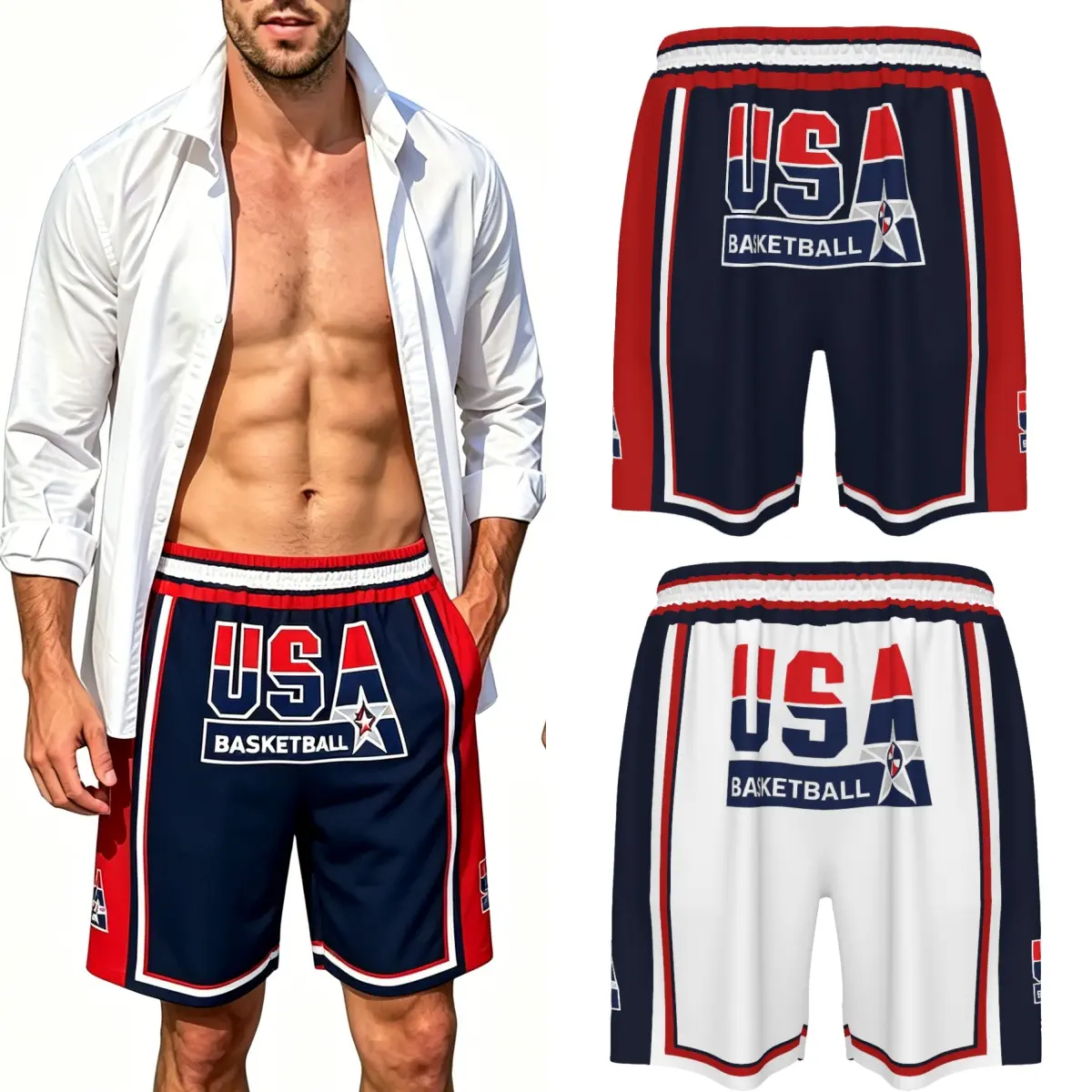 1992 Barcelona Olympics Basketball Shorts USA Dream Team Athletic Shorts for Men Women, Vintage USA Basketball Print Beach Shorts with Pockets, Lightweight Summer Gym Workout Running Casual Sports Shorts 2XS-6XL