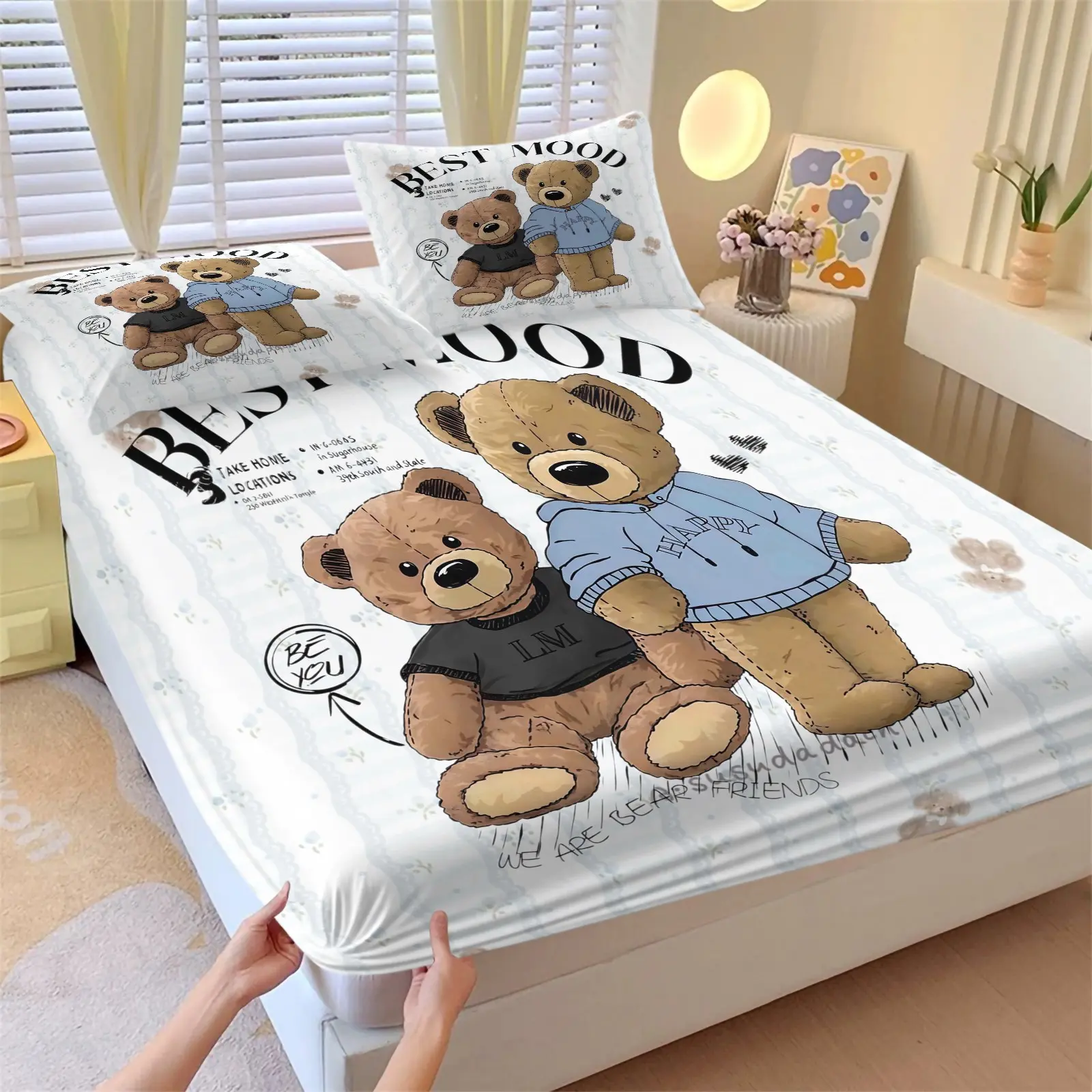 A pair of cute teddy bear printed bed sheets, Beddings, including 1 bed sheet and 2 pillowcases, with anti slip and dust-proof covers suitable for bedrooms and guest rooms, suitable for personal use or gift giving. A pair of cute
