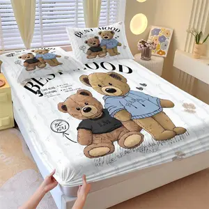 A pair of cute teddy bear printed bed sheets, Beddings, including 1 bed sheet and 2 pillowcases, with anti slip and dust-proof covers suitable for bedrooms and guest rooms, suitable for personal use or gift giving. A pair of cute
