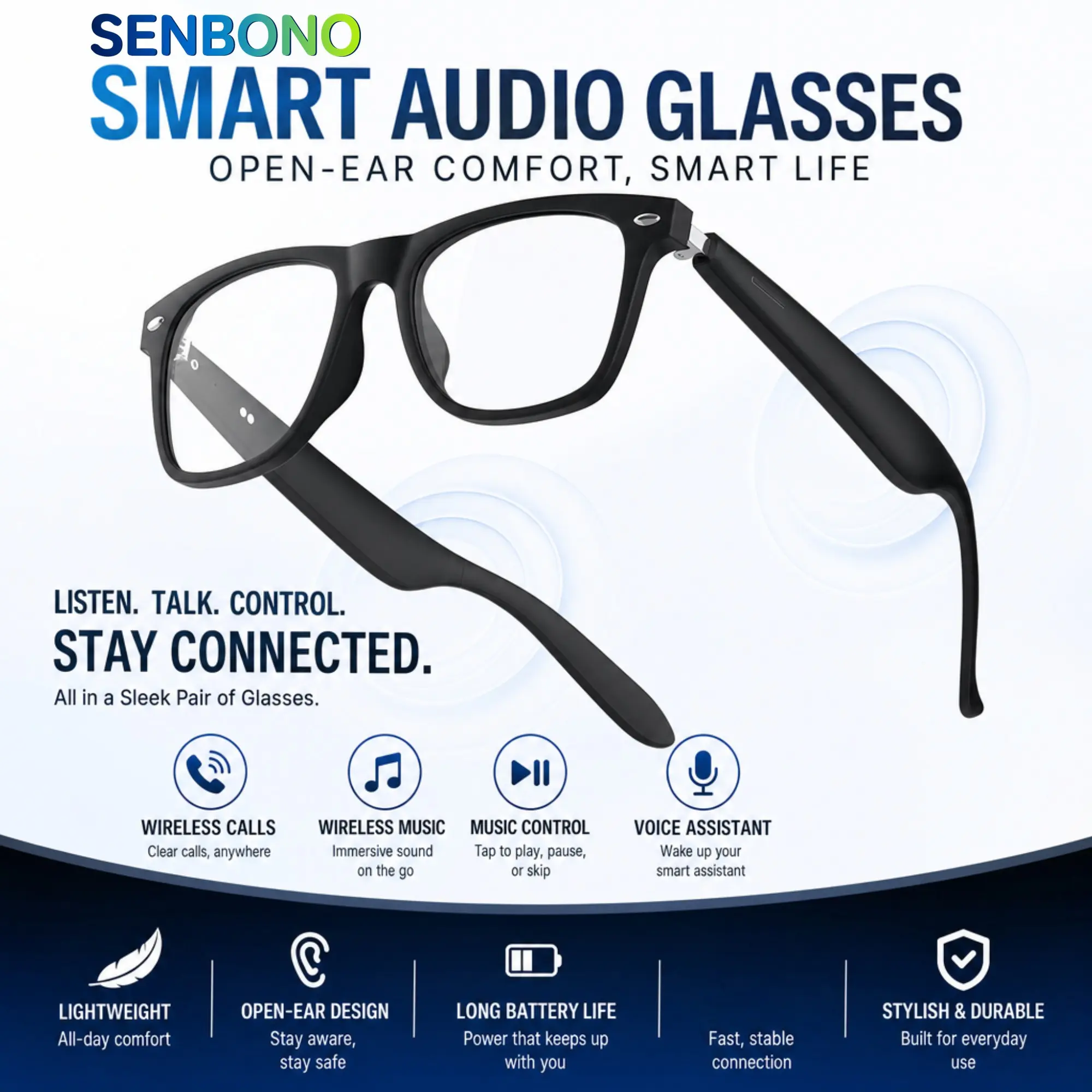New audio glasses, wireless connection, dual microphone noise reduction, good sound quality, listening to music, answering calls, controlling phone music, waking up voice assistant, dressing up, smart glasses. Ideal gift for men and women.