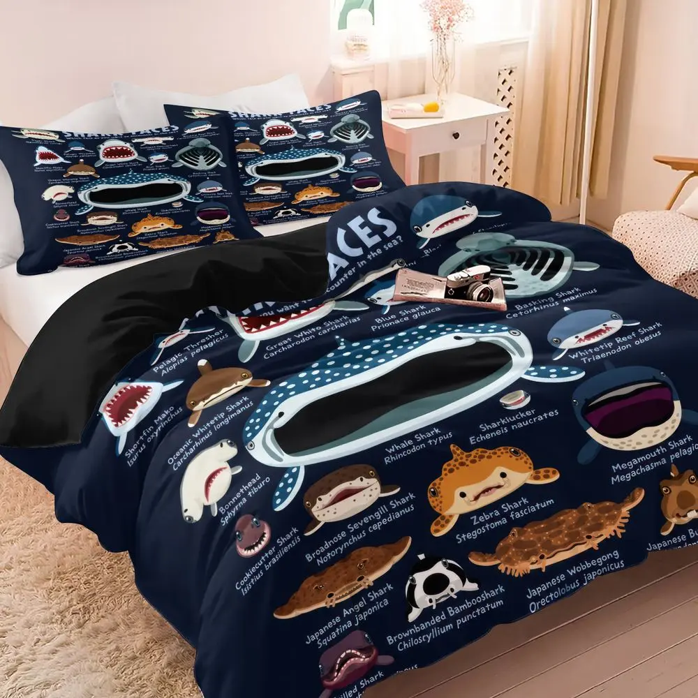 2/3Pcs Shark Bedding Set for Kids, Educational Ocean Theme Duvet Cover Set, Cute Shark Faces Print Bedding for Boys Girls Bedroom, Soft Microfiber Duvet Cover with Matching Pillowcase No Fillers
