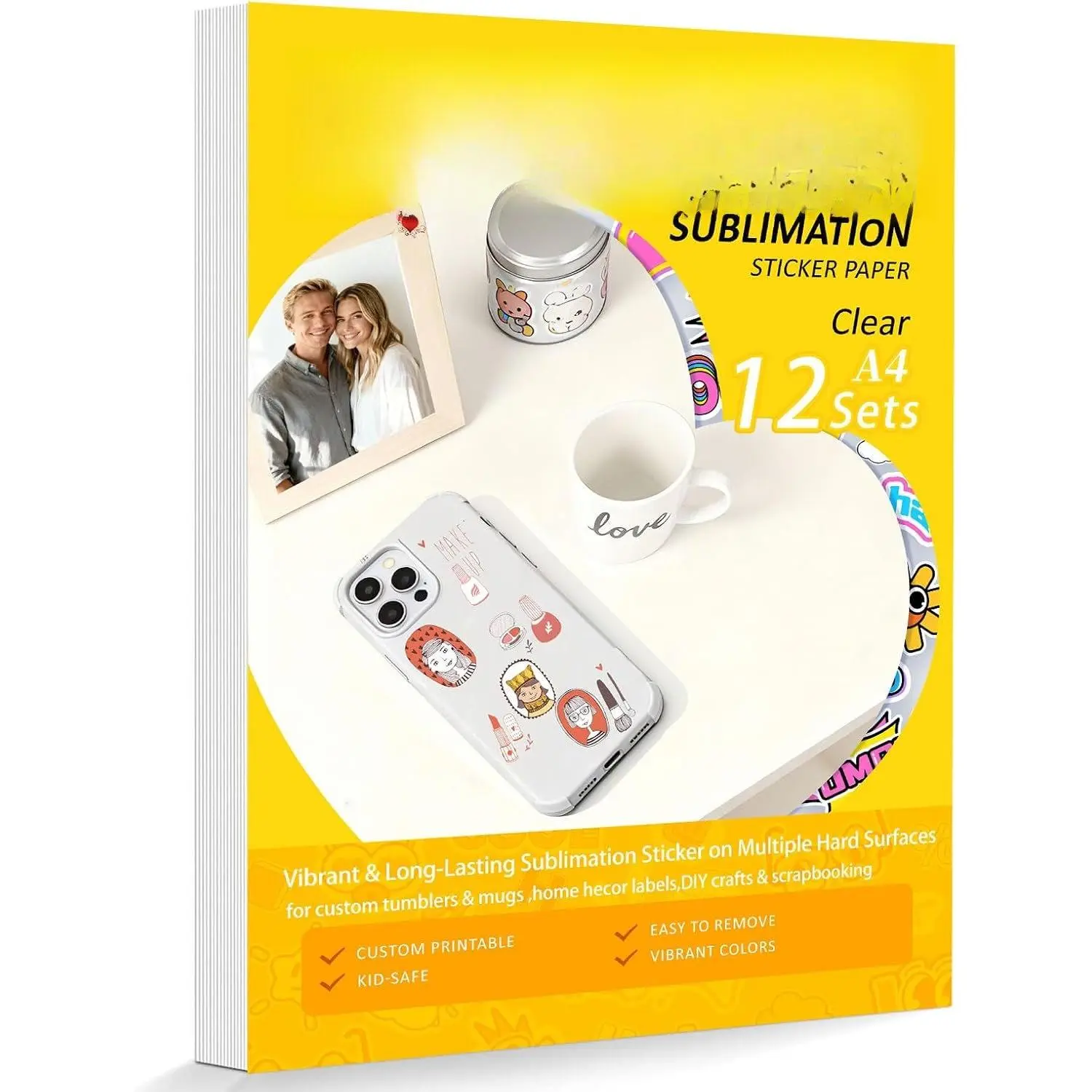 [12 Set] Sublimation Paper for Sublimation Printers & Ink + Clear Sublimation Sticker Paper, , Fade-Resistant Sublimation Transfer Paper for DIY Mugs, Tumblers, Phone Cases