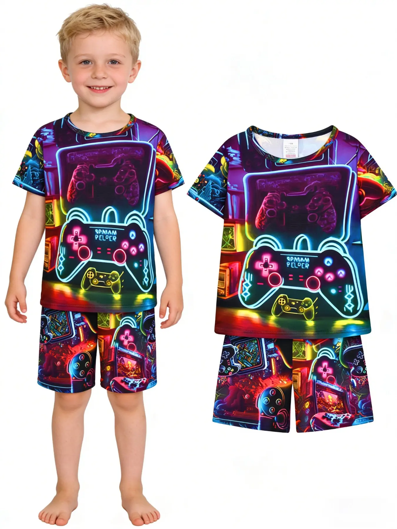 Boys Summer Short Sleeve Top & Shorts Cartoon Print Pajama Set, Video Game Controller Print Soft Comfortable Kids Loungewear Sleepwear 2-Piece Outfit