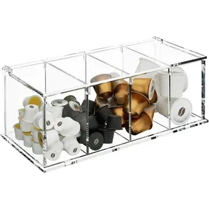 Coffee Capsule Holder Acrylic Box K Cup Holder Coffee Pod Storage Clear Acrylic 4 Compartment with Lid Organizer Coffee Bar Accessories