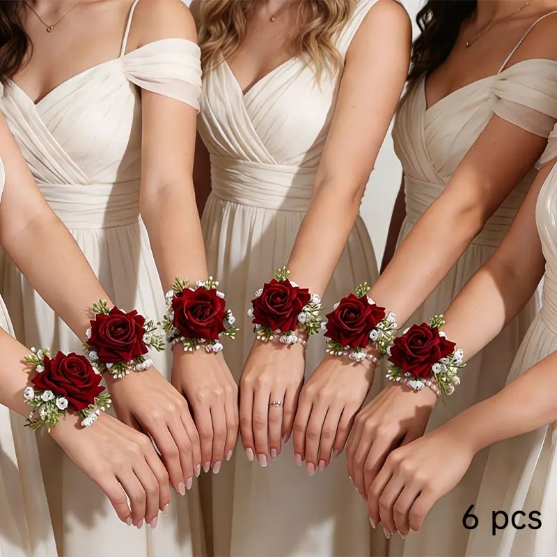 6pcs Elegant Fabric Rose Wrist Corsages, Wedding Bridal Party Accessories, Spring Fall Theme, Perfect for Holidays and Formal Events