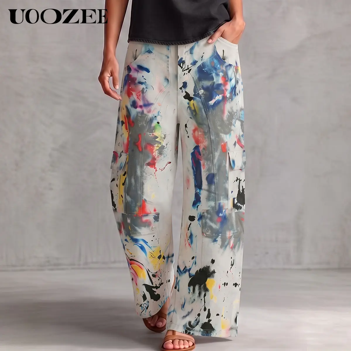 UOOZEE Women's High Waisted Wide Leg Pants, Casual Abstract Print Polyester Trousers with Cargo Pockets and Zipper for Summer Beach Party, Tops, Accessories, Spandex, Bottoms, Oversized, Button, Matching, Soft, Comfortable, Pants For Women, Polyester Blen