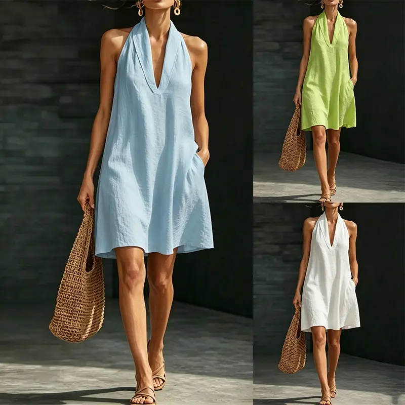 Women’s Halter Mini Dress, Sleeveless V-Neck A-Line Swing Dress with Pockets for Summer Vacation, Beach, Resort, Brunch and Casual Wear