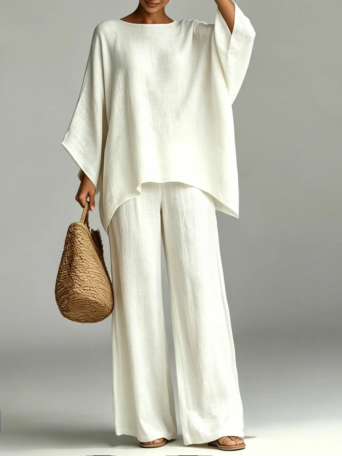 SF6648 Women's Casual Minimalist Sport Set, Boho Style, Batwing Sleeve Top, High-Waisted Wide-Leg Pants, Streetwear Fashion, Monochrome