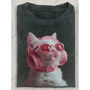 Washed, Bubble-blowing Cat Print T-shirt, High-quality Batik Retro Fashion Brand T-shirt, Women's T-shirt, Casual Attire, Holiday Gift, Perfect Present.