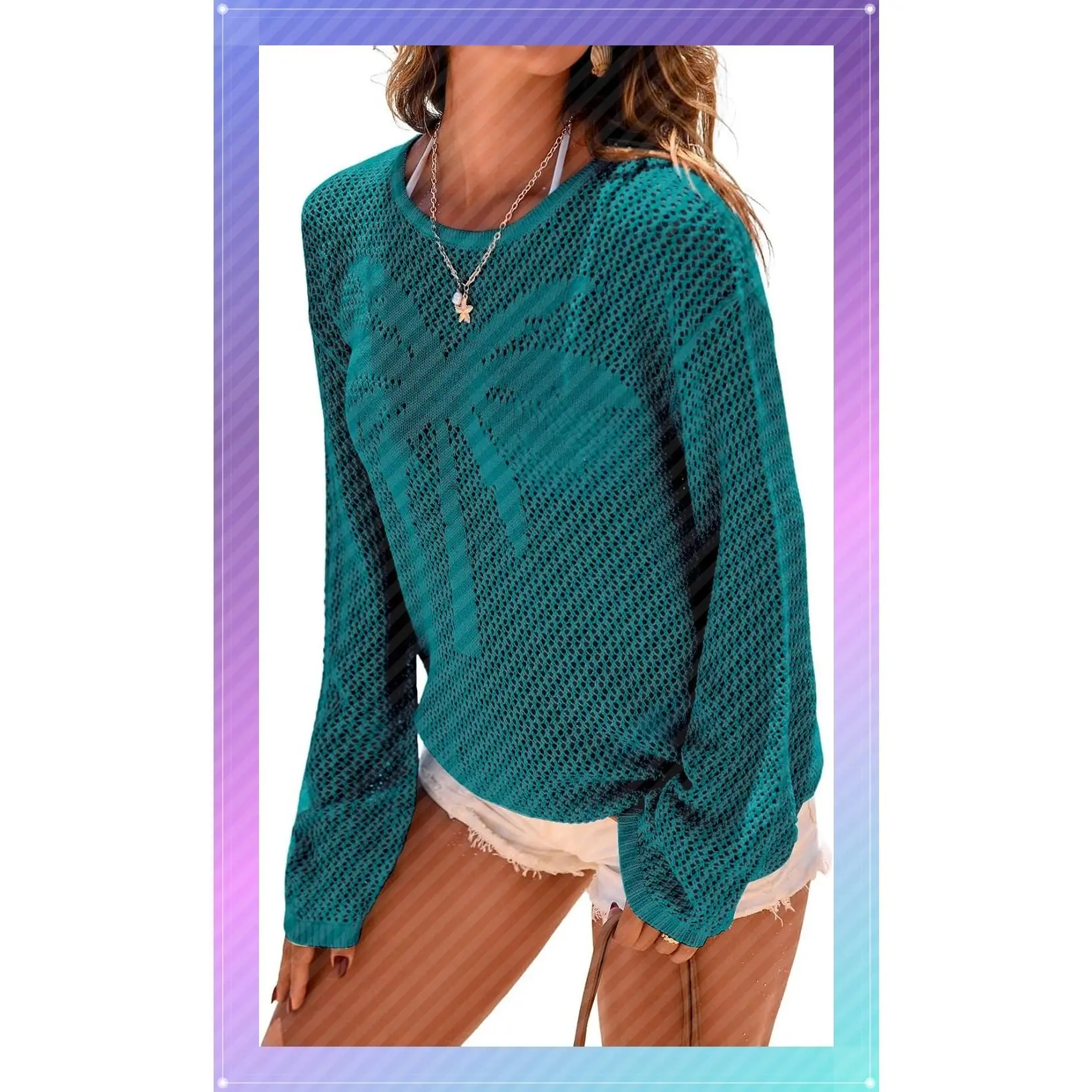 Womens Summer Crochet Hollow Out Long Sleeve Sweater Casual Crewneck Pullover Beach Cover Up 2026Gift