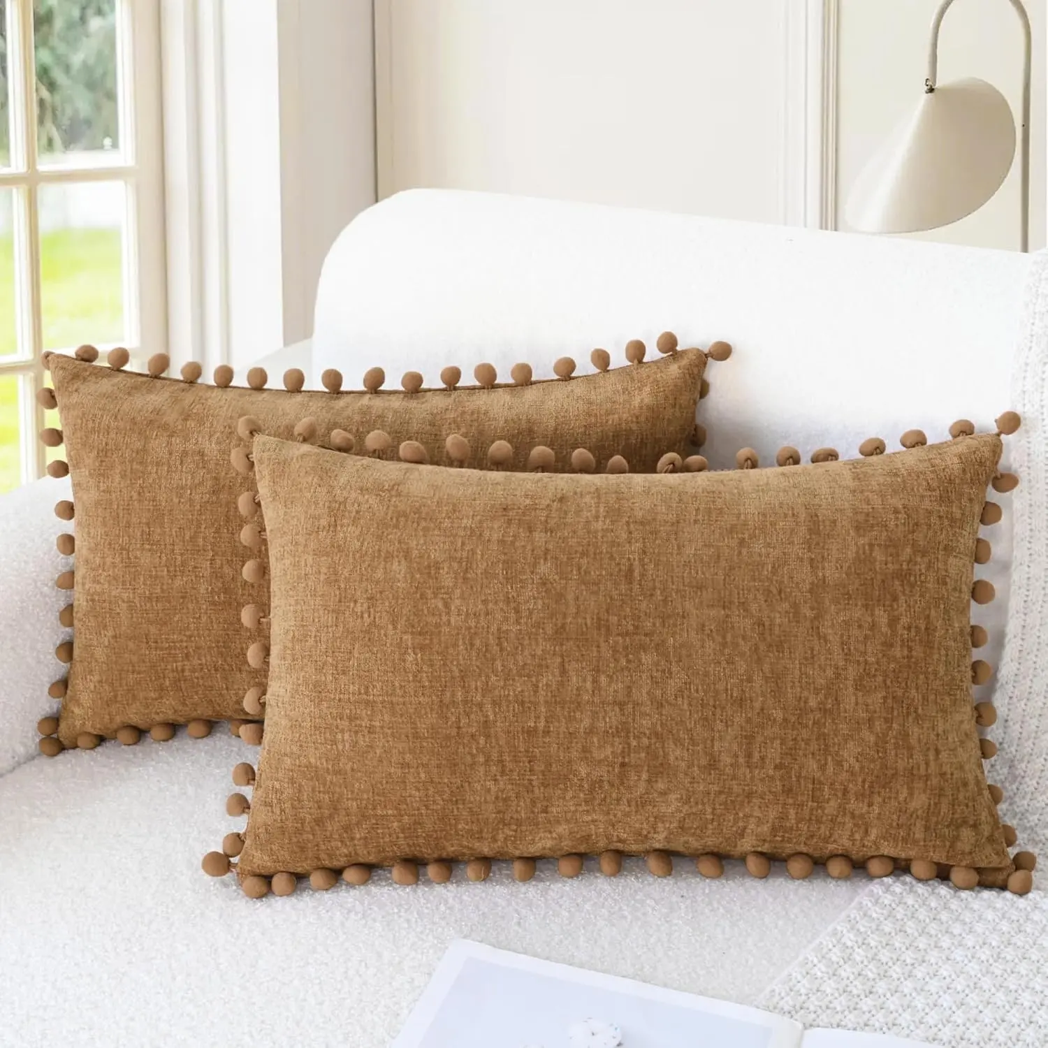 Throw Pillow Covers Decorative 20 X 12 Inches Pack of 2 Cozy Solid Dyed Soft Chenille Cushion Cases with Pom Poms for Couch Sofa Bed Living Room Home Apricot Brown