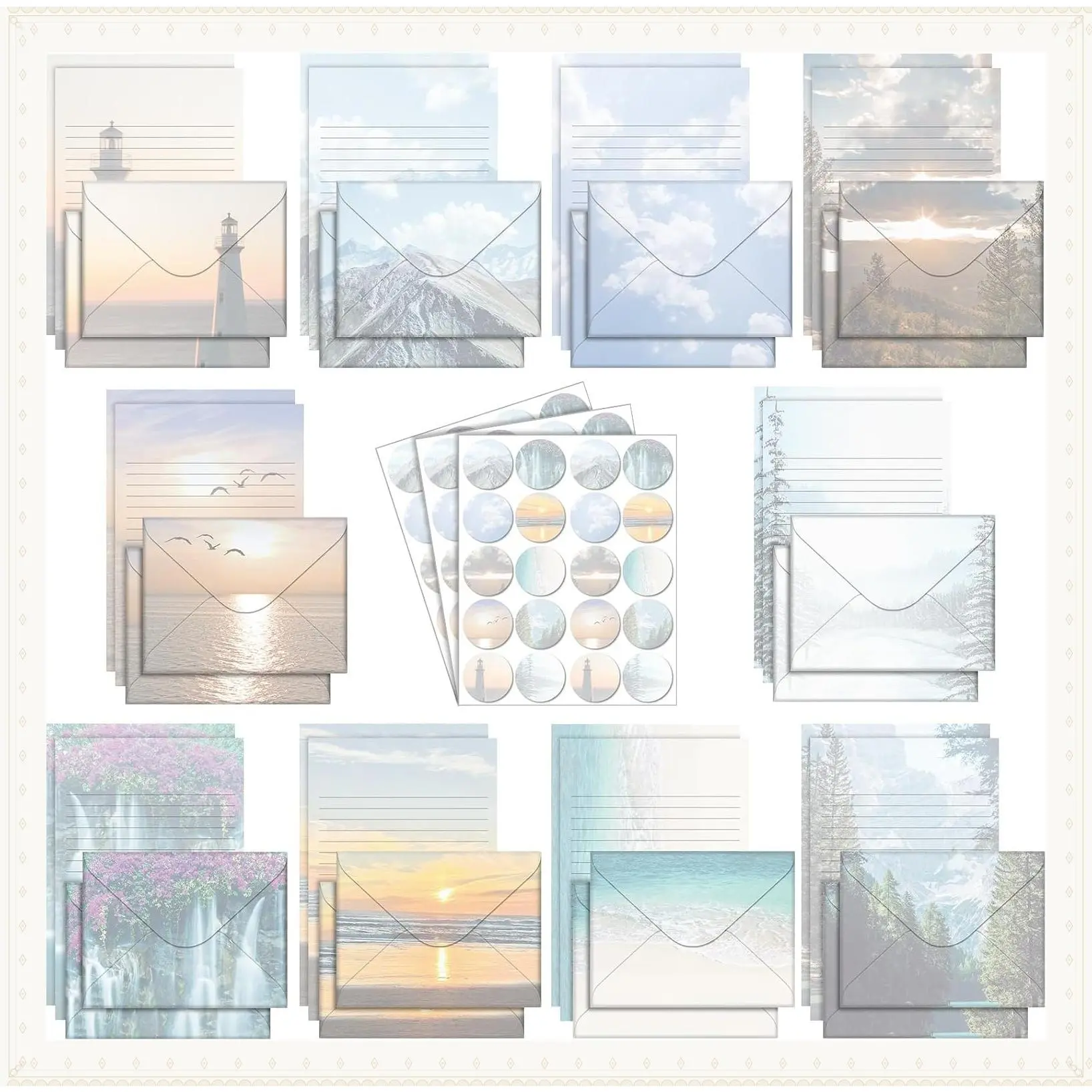 160 Pcs Scenic Nature Stationery Paper and Envelopes Set - 5.5 x 8.25'' Letter Writing Kit with 50 Double Sided Writing Papers, 50 Matching Envelopes and 60 Round Dot StickersGift