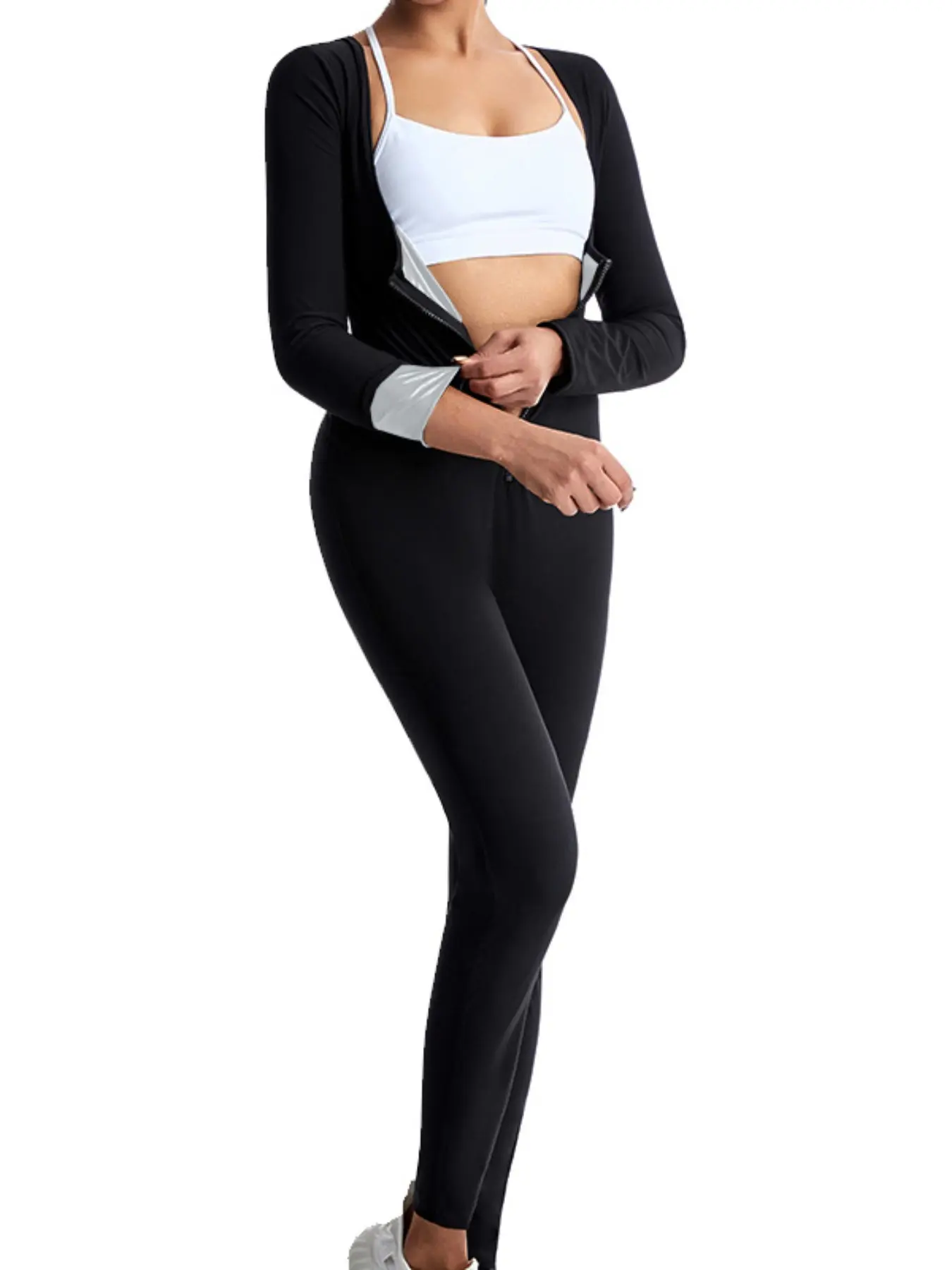 Women's Zipper Full Body Sweat Suit, High Elastic Waist Abdomen Locking Warmth, Long Sleeve Long Pants, Sporty Style, Gym Sweatwear, All Seasons