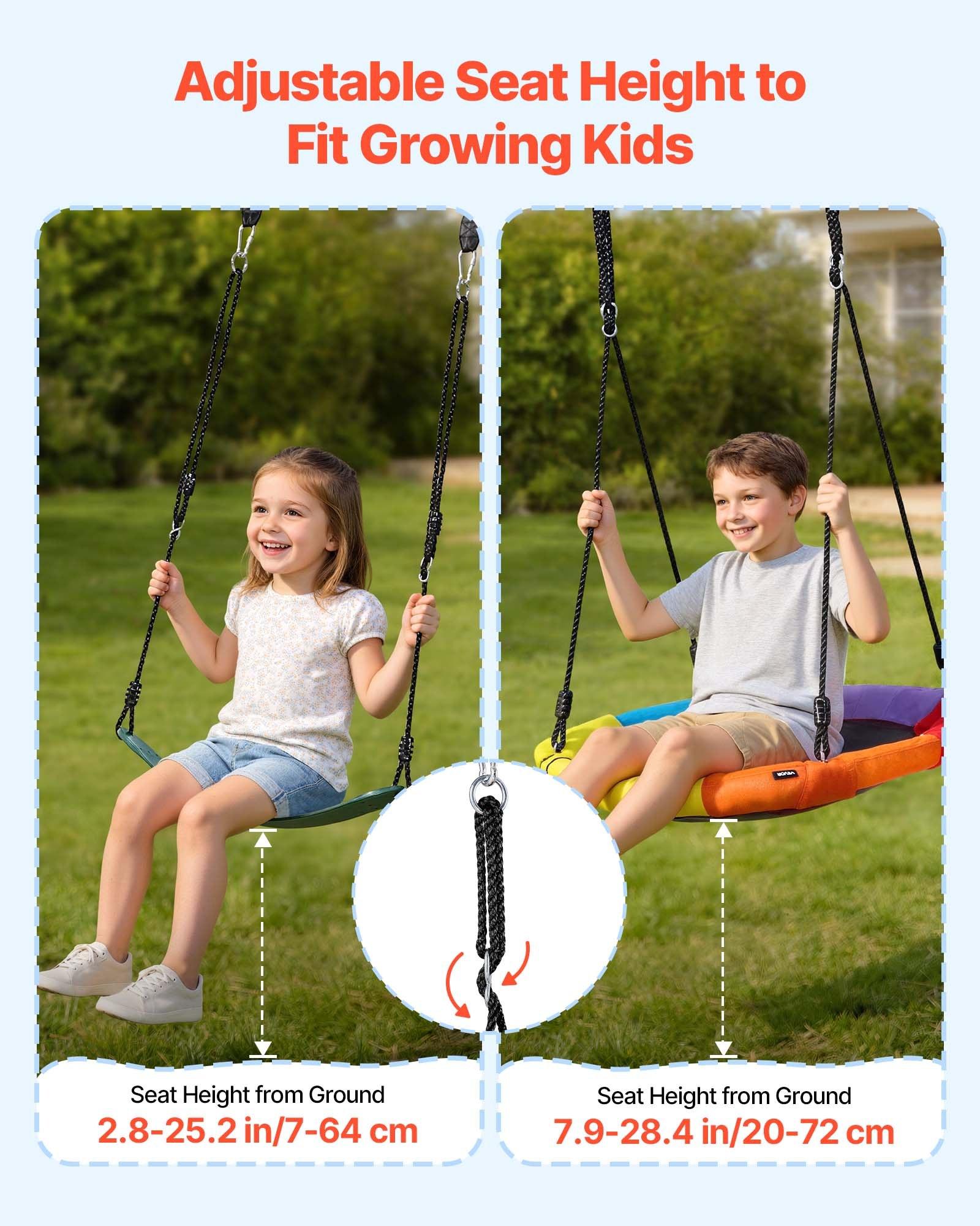 【Summerfinds】VEVOR Unisex Carbon Steel Backyard Playground Equipment, 32-in Adjustable Saucer & Belt Seats, Heavy-Duty A-Frame Stand, 440-lbs Load Capacity, Spiral Ground Anchor Reinforcement, Sturdy Swinging Outdoor Gear for Long-Term Use