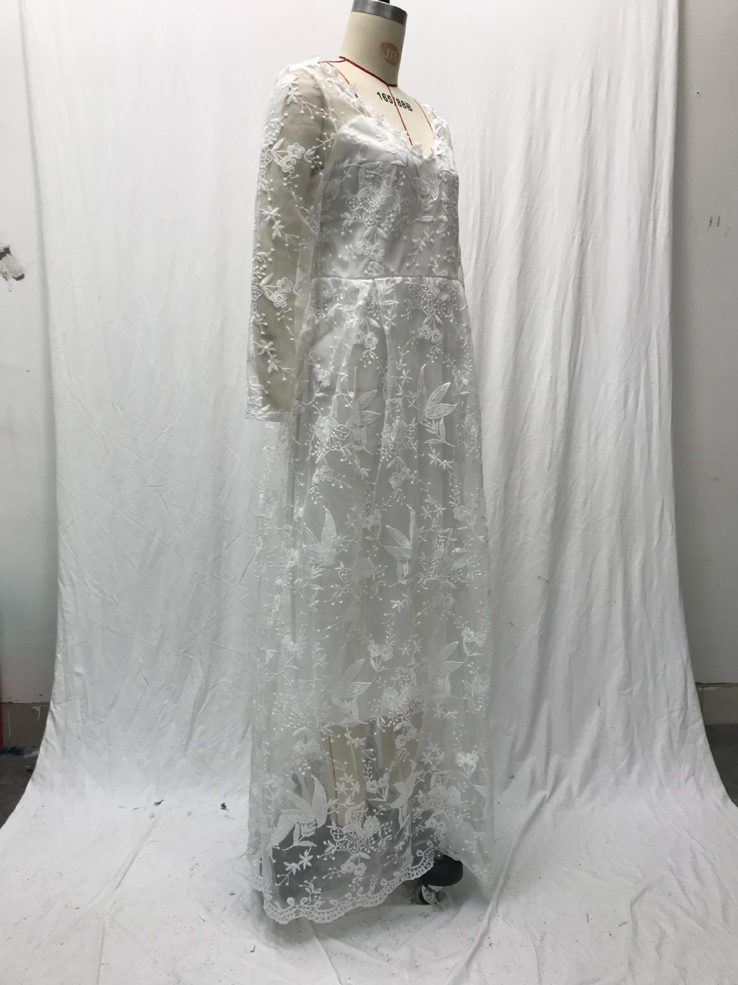2026 New Style Women's Long-Sleeve Solid Color Sheer Lace Wedding Dress Bridal Gown