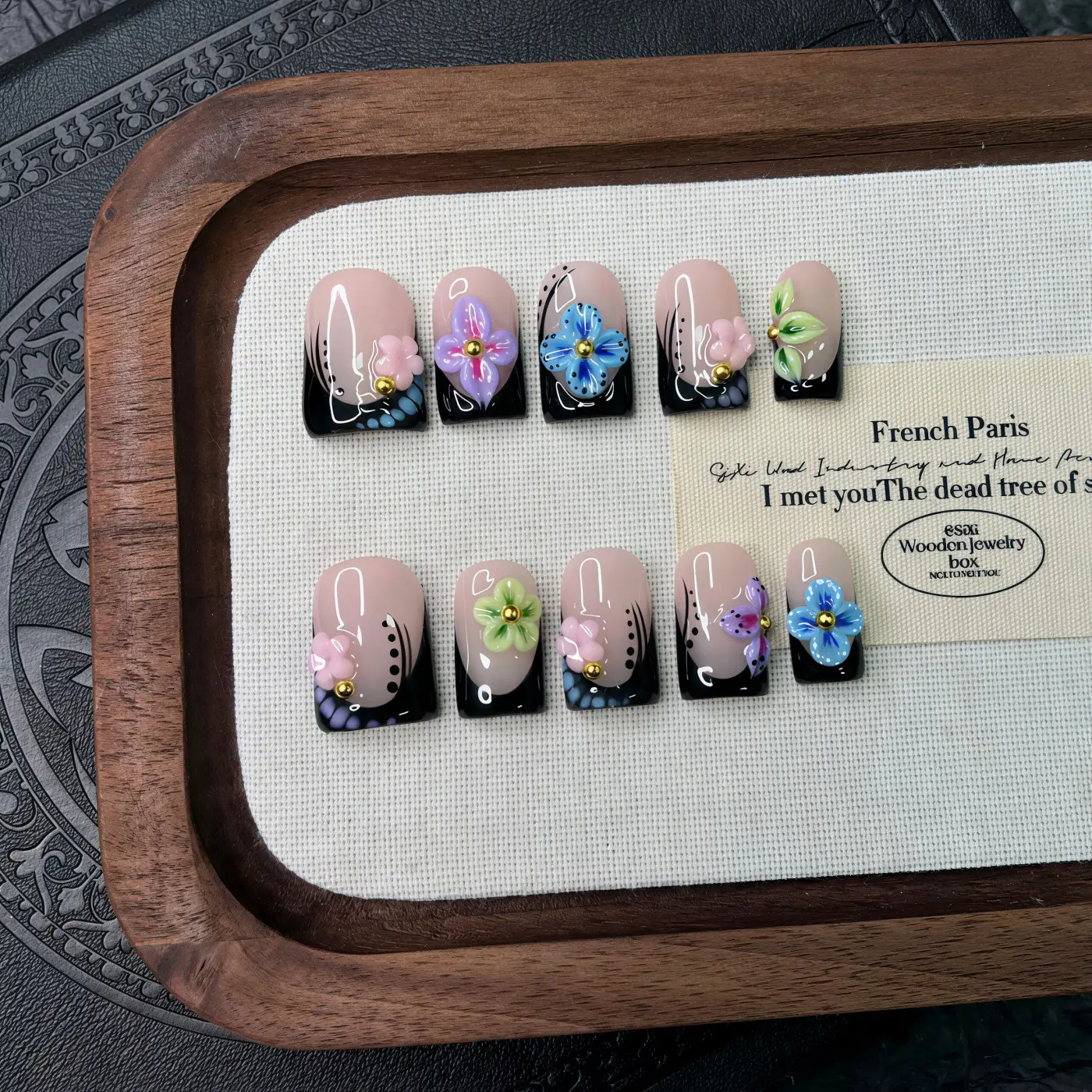 10pcs/Set Y2K Nails Handmade, Cute Nails, Pink Nails, Decorative Nails, Black French Tip Nails, Green & Purple 3D Flowers Nails, Perfect For Parties & Daily Wear, Short Square Nails, Handmade Press On Nails Square, Fake Nails, Acrylic Nails
