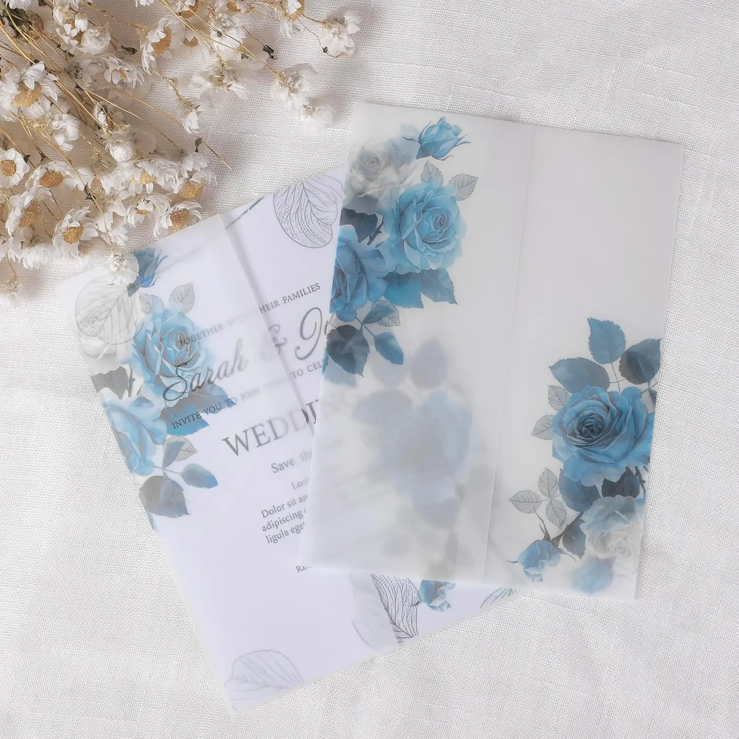 50-Pack Pre-Folded Vellum Jackets for 5x7 Invitations, 115GSM Translucent Sleeves, Blue Floral DIY Wedding Accessories Kit for Bridal &  Shower, Birthday