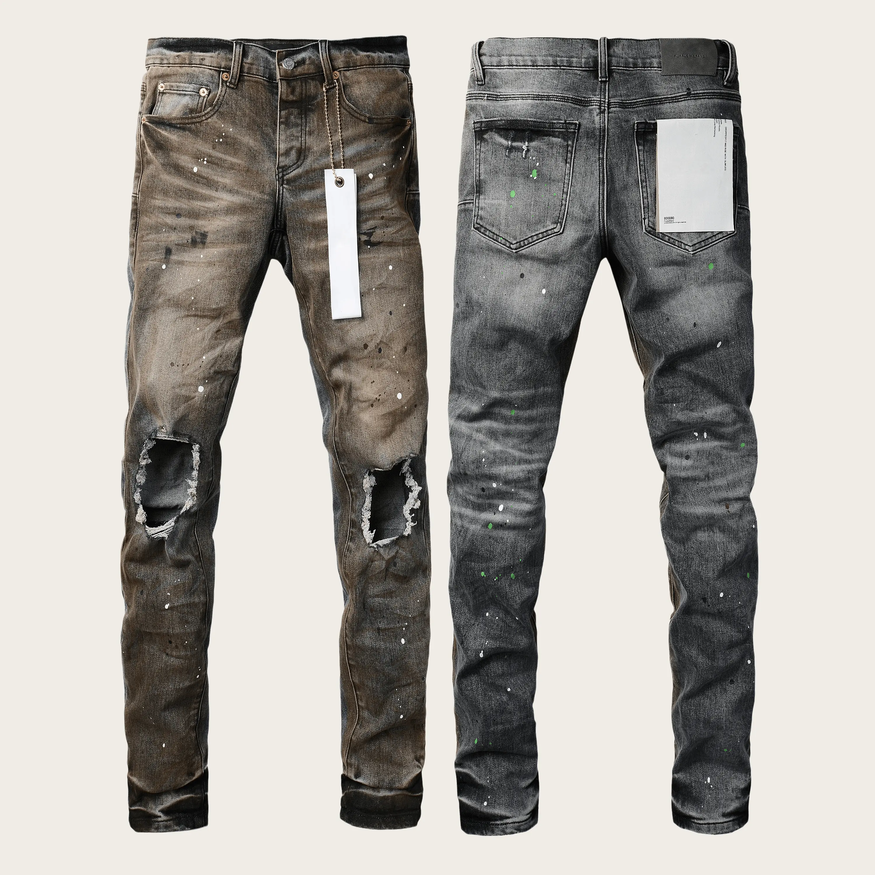 Mens Y2K Vintage Luxury Designer Stacked Jeans Trend Vintage Washed Knee Ripped Paint Splash Slim Tapered Cuff Stretch Denim New Tags US Sizes 28-40