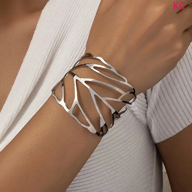 Hollow Leaf Cuff Bangle, Forest Style Unique Elegant Metal Hand Jewelry With Versatile Daily Matching Style