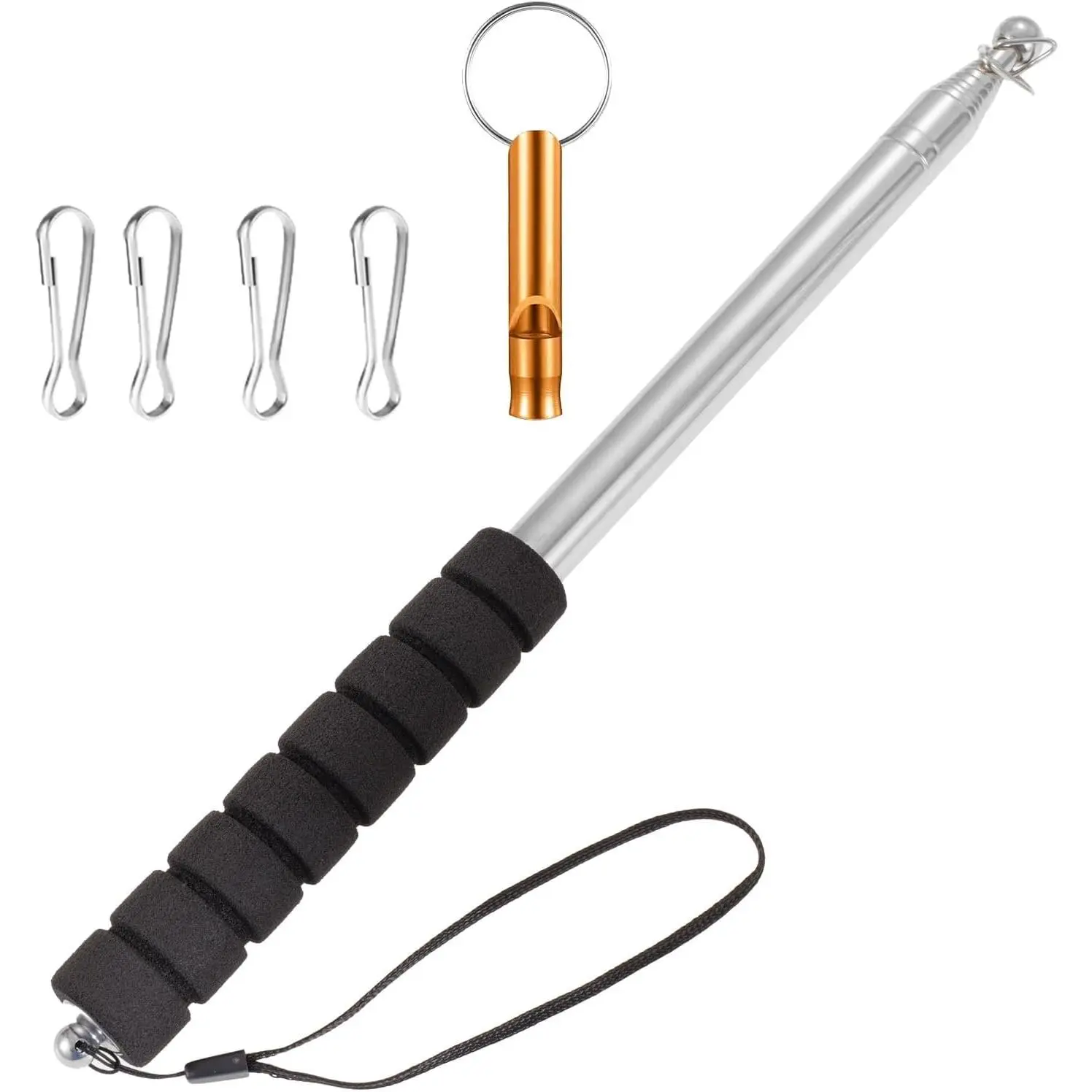 8.2ft Telescopic Flag Pole,Stainless Steel Handheld Portable Extendable Retractable Flagpole with Anti-Slip Grip,Clips,Whistle,Collapsible Telescoping Flag Pole Pointer for Tour Guide,Festival (Black)