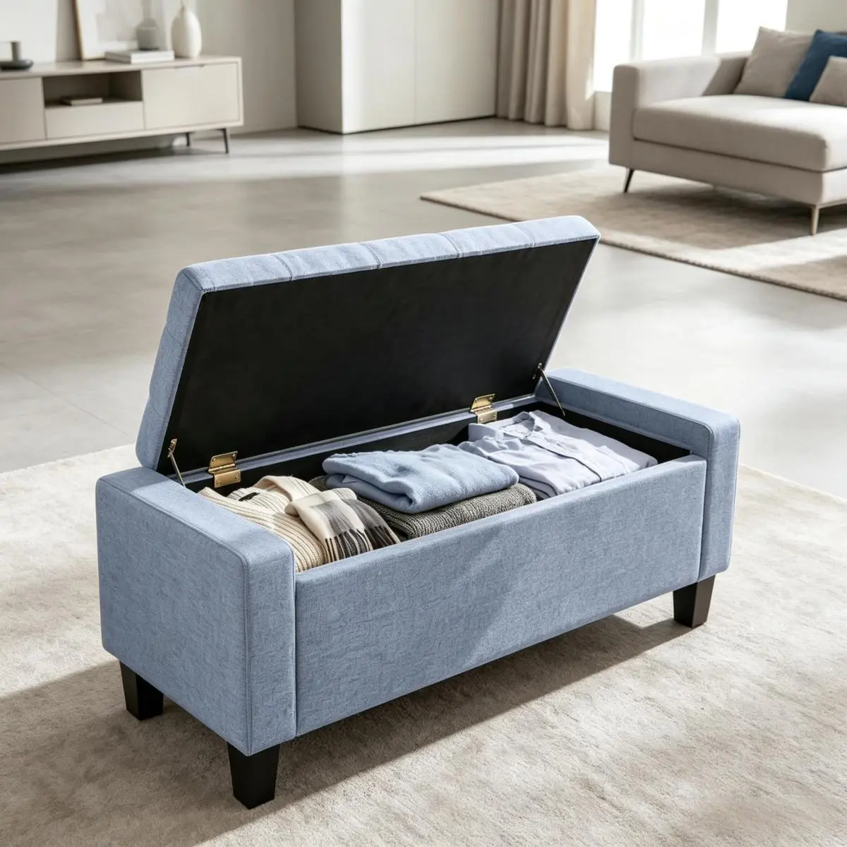 36.6 Inch Tufted Armrest Storage Ottoman Bench with Wooden Legs for Entryway Bedroom Living Room