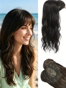 💁♀️Bye Bye, Flat Hair! Dark Brown Wavy Clip-In Hair Topper with Bangs, Premium Kanekalon Synthetic Hair for Instant Volume & Confidence