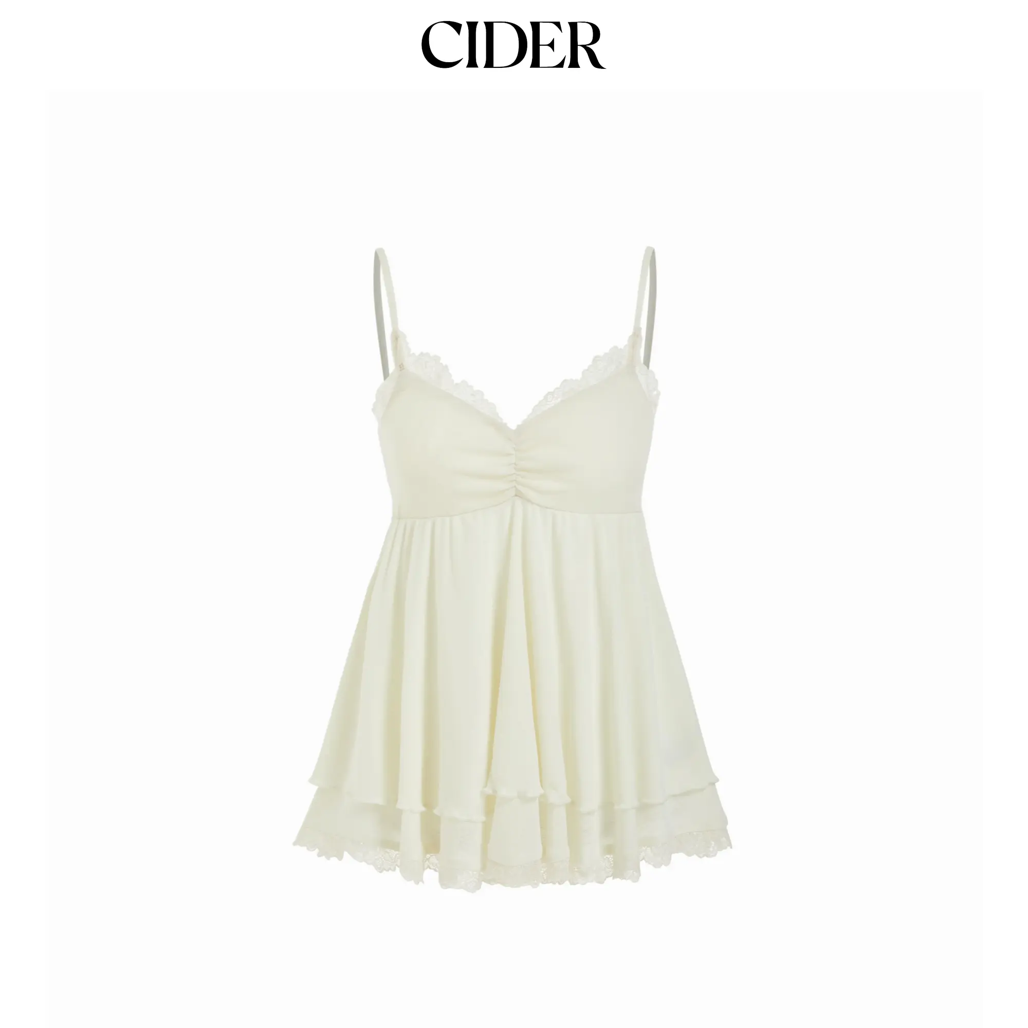 Cider V-Neck Ruffled Ruched Lace Trim Cami Top