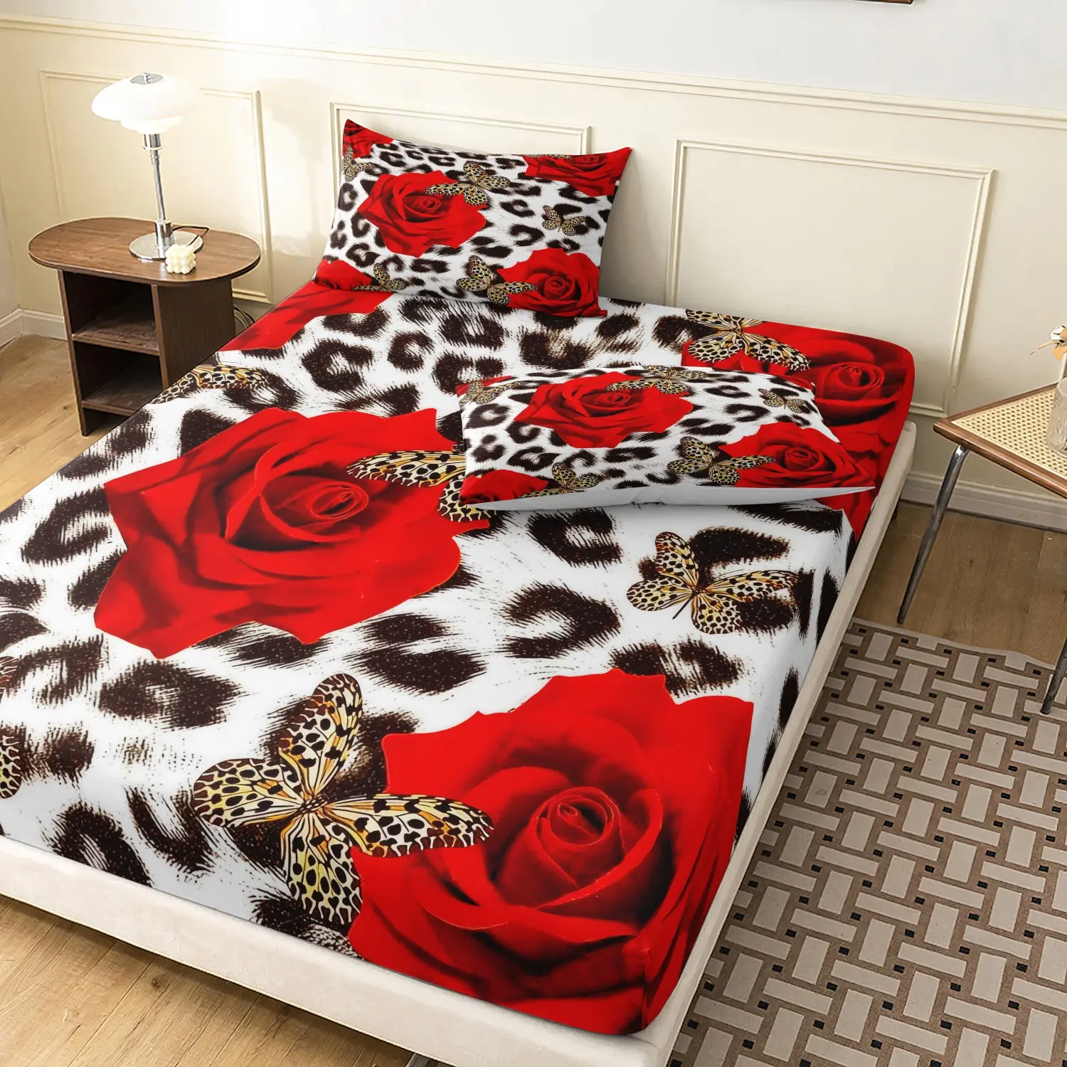 3Pcs Cheetah Print Red Rose Butterfly Fitted Bed Sheet, Bold Leopard Floral Microfiber Bed Sheet Set, Deep Pocket Fitted Sheet & Mattress Protector, For Family Dormitory Hotel Bedding Thick Mattress, Machine Washable For All Bed Sizes ( No Pillow)