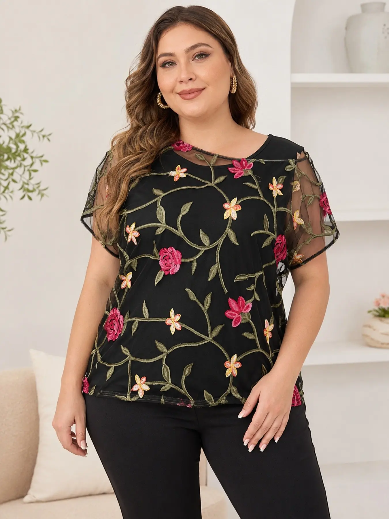 Large Size Floral Embroidered Mesh Top, Elegant Sheer Short Sleeve Inner Shirt, Slim Fit for Party Dinner