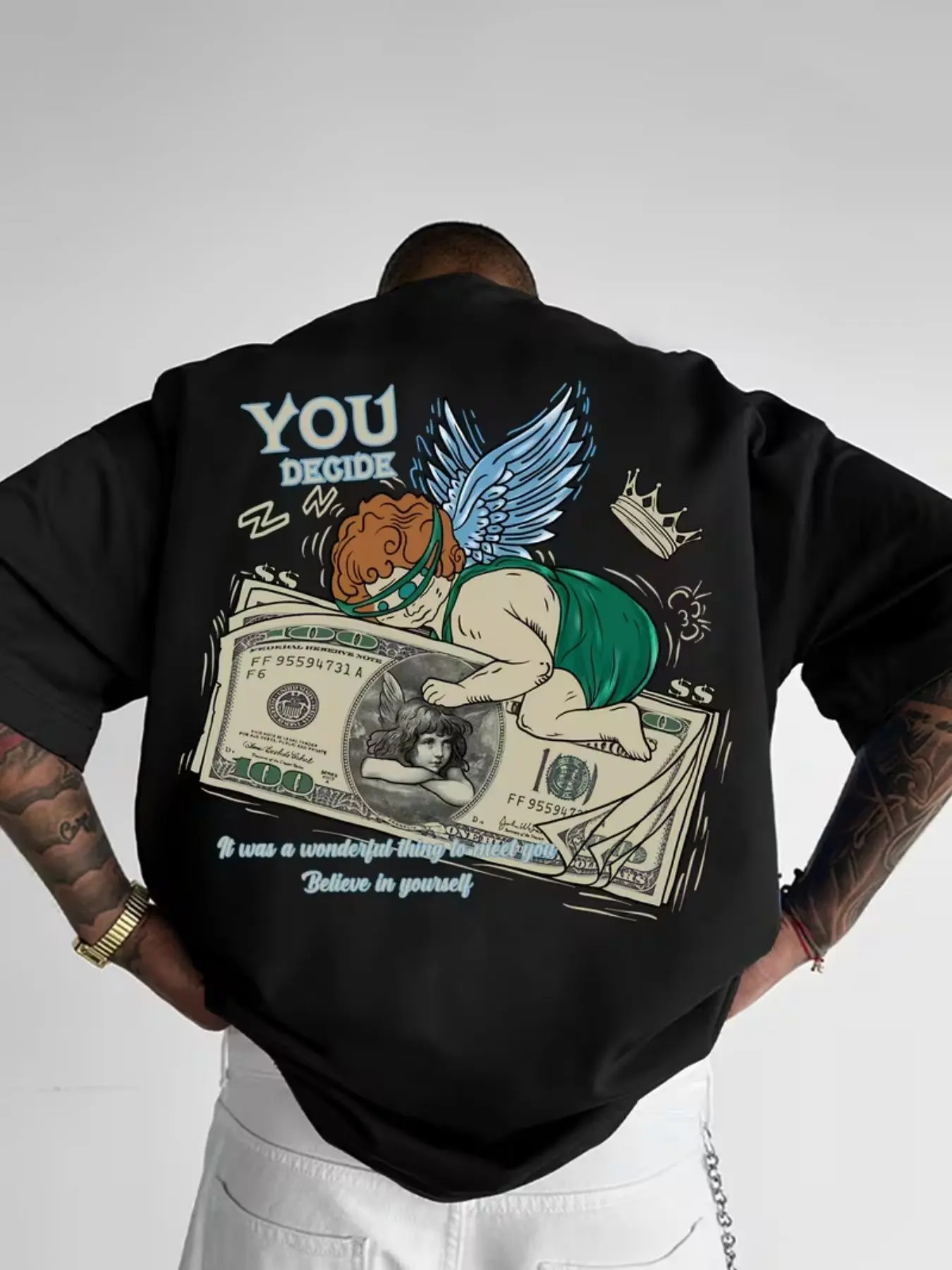 Vintage Hip-Hop Angel Print Boys' Top, Colorblock Unique Design, Smooth Drape Fabric, Non-Stretch, Casual Crop Style