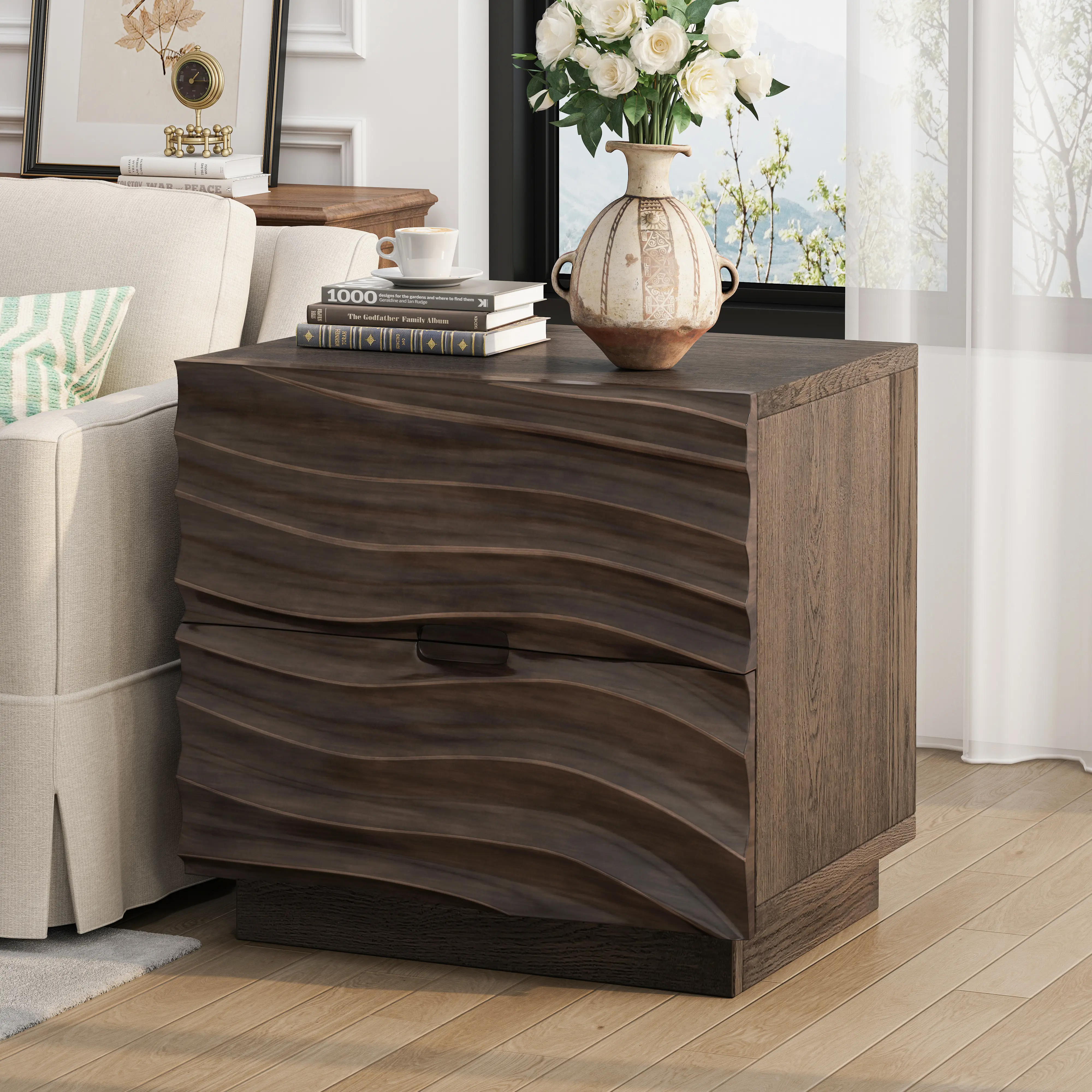 ARCH Solid Wood Nightstand with 2 Drawers, No Handle Bedside Table for Bedroom, Living Room, Sofa End Table, Brown Finish, Compact Nightstand for Small Spaces, Easy Assembly, Bedroom Bedside Table for Bedroom, Guest Room, Dorm, Nightstand Storage