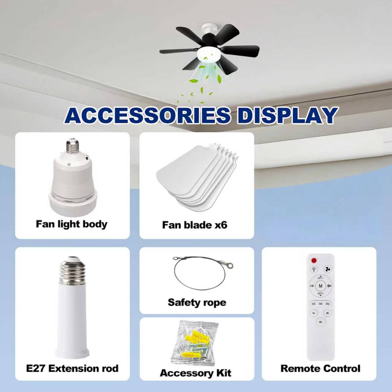 New E27 screw-in lamp holder fan light bulb with plug-in fan blade design, LED fan with three-speed adjustment lymphatic face brush pimple patch