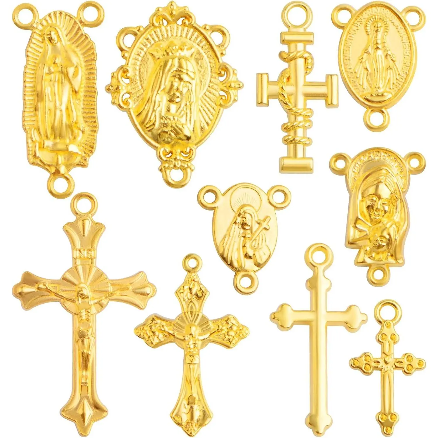 50pcs Rosary Cross and Center Miraculous Medal Charms Tibetan Jesus Crucifix Pendants Virgin Mary Oval Chandelier Links for DIY Rosary Necklace Jewelry Making, 10 Styles