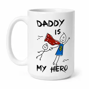 Father's Day Gift, Daddy Is My Hero Coffee Mug, 11oz 15oz Ceramic Mug for Dad Birthday, Cute Stick Figure Hero Dad Printed Tea Cup, Appreciation Present for Papa, Father, Stepdad from Kids