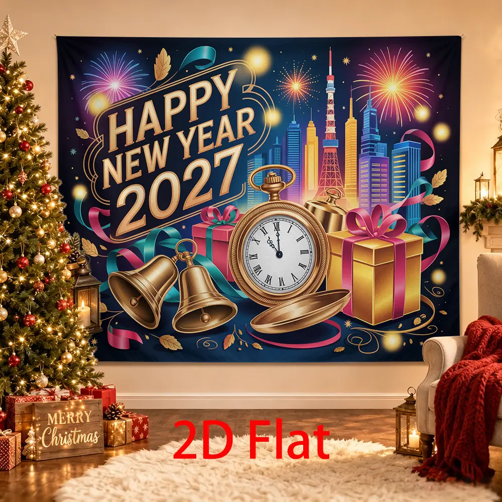 2027 New Year Party Backdrop, Neon City Fireworks Countdown Clock Bells Gifts Photo Booth Background