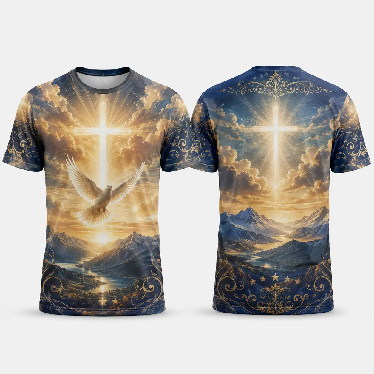 Unisex All‑Over‑Print Christian T‑Shirt, Front Radiant Glowing Cross with Peace Dove Over Sunset Mountain Lake Scenery, Back Heavenly Cross with Mountain Range, Vintage Golden Scroll and Star Ornament Dark‑Blue Background Faith‑Themed Crew‑Neck Short‑Slee