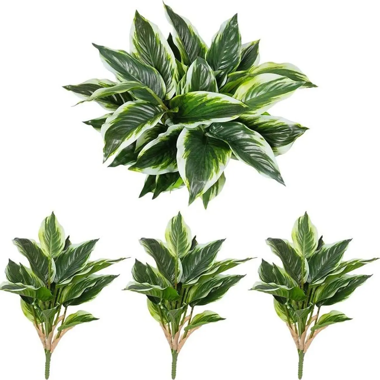 3 Bunches of Artificial Tropical Green Plants - Outdoor artificial faux broadleaf grass plants, with UV-resistant properties, artificial green leaf stems, suitable for porches, terraces, balconies, garden flower pots or indoor decoration.