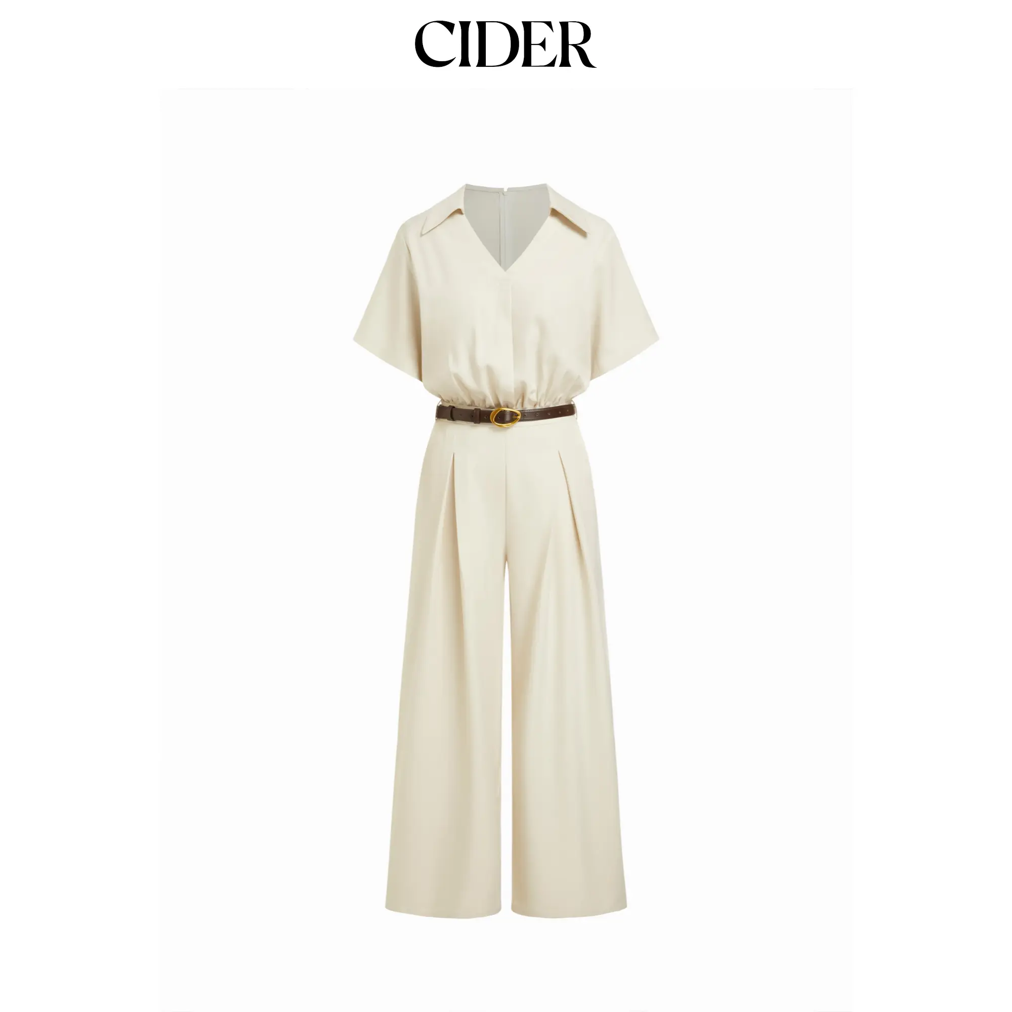 Cider Collar Ruched Pleated High Rise Wide Leg Jumpsuit With Belt