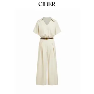 Cider Collar Ruched Pleated High Rise Wide Leg Jumpsuit With Belt