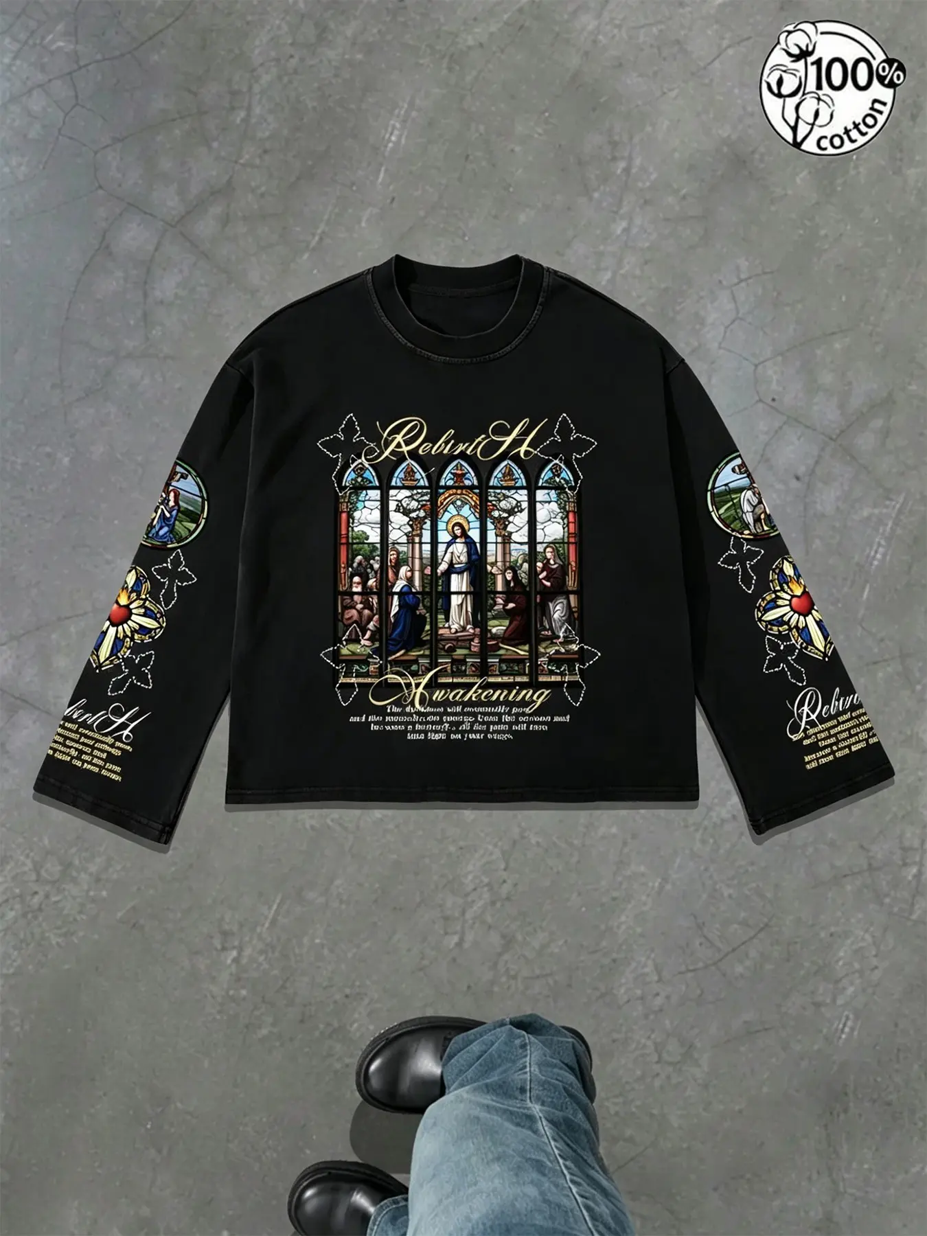 Unisex 100% Cotton Multi-Color Church Stained Glass Religious Print Long Sleeve Tee "Rebirth & Awakening" Slogan Dark Gothic Cropped Oversized Top