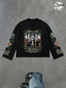 Unisex 100% Cotton Multi-Color Church Stained Glass Religious Print Long Sleeve Tee "Rebirth & Awakening" Slogan Dark Gothic Cropped Oversized Top