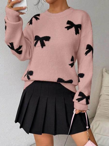 Fashion Bow Print Casual Loose Knitted Sweater Pullover Autumn/Winter Women Pullovers New Full Sleeve Knitwear