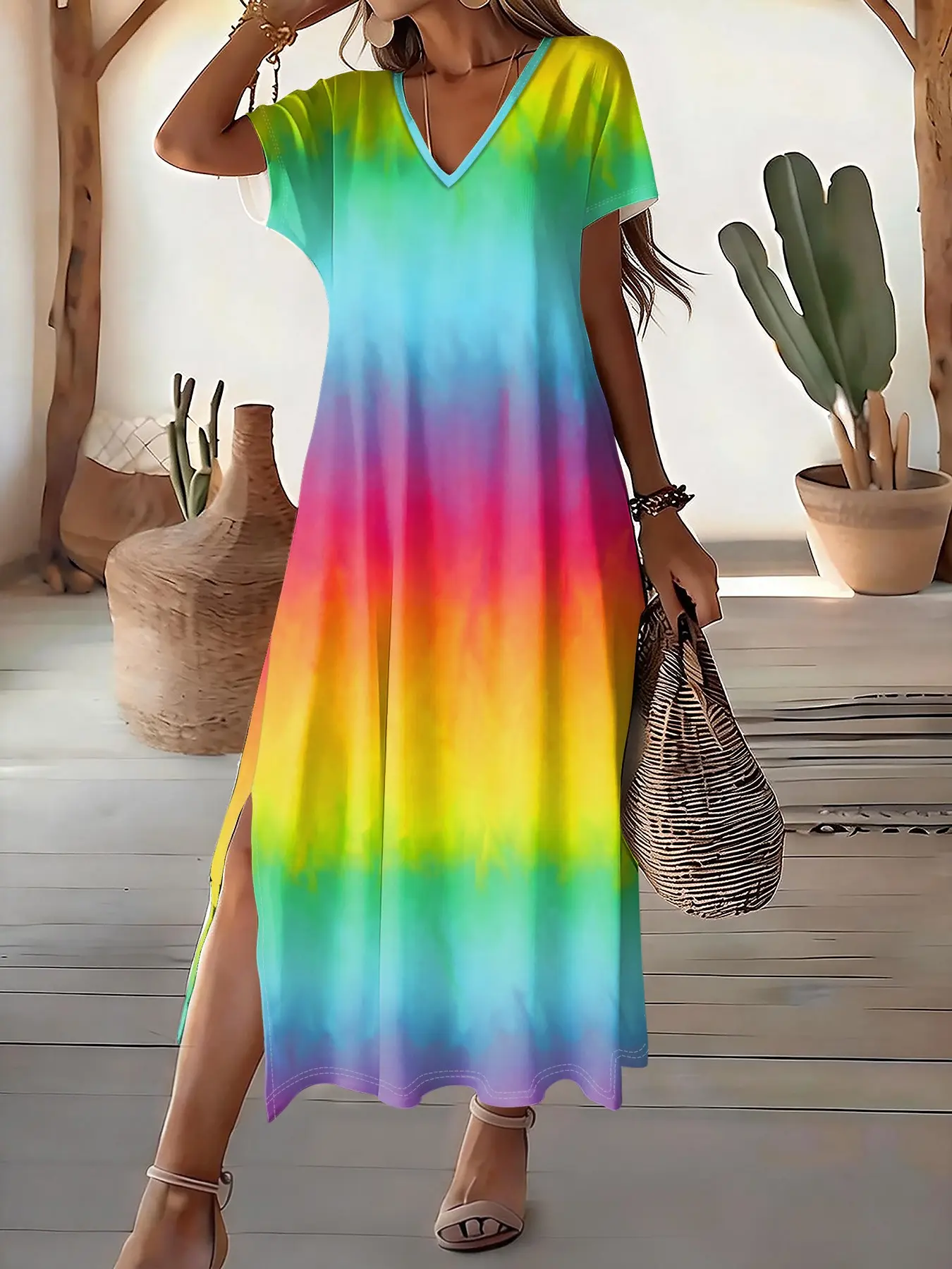 Rainbow Gradient Tie Dye V Neck Boho Style Bohemian Dress for Women, Loose Shoulder Strap Split Long Dress, Beach Vacation Casual Wear Dress